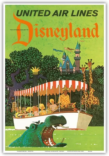 Vista 10 de California - Jungle Cruise Hippo - United Air Lines - Póster vintage de viaje de aerolínea por Stan Galli c.1960s - Impresión artística maestra