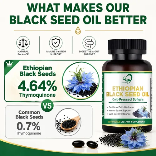Vista 3 de Organic Black Seed Oil Capsules 1000mg, Rich in 4.64% Thymoquinone (TQ)，