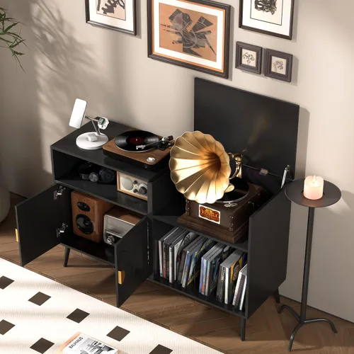 Vista 5 de Fiogmub Soporte grande para tocadiscos, soporte giratorio de mediados de siglo con puerta, mesa para tocadiscos con capacidad para hasta 350