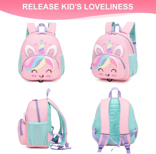 Vista 2 de Mochila pequeña para niñas y niños, mochila para perschool con correa para el pecho, dibujos animados 3D, Unicornio, Linda mini mochila para niñas