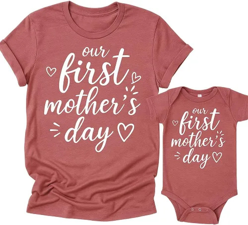 Vista 2 de Camisa a juego para el primer día de la madre para mamá, regalo para nueva mamá, malva jaspeada