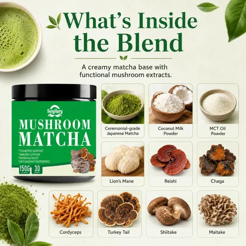 Vista 8 de Suiyilary Matcha de hongos, té matcha ceremonial en polvo con 7 hongos superalimentos, sin gluten, sabor genial matcha caliente o frío último, 5.29