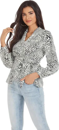Vista 2 de GRACE KARIN Blusa de trabajo con cuello en V y manga larga tipo farol para mujer