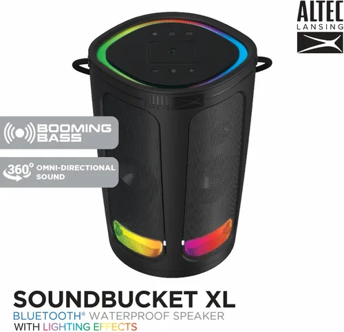 Vista 9 de Altec Lansing Soundbucket XL - Altavoz Bluetooth impermeable con luces LED personalizables, carga inalámbrica Qi, 20 horas de reproducción y rango