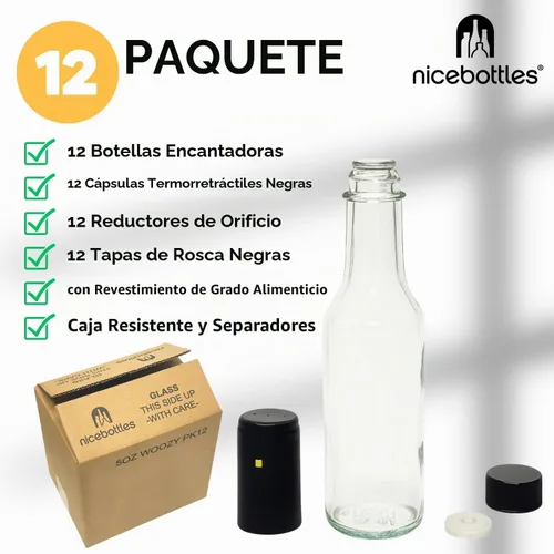 Vista 2 de nicebottles Botellas Woozy de vidrio transparente con cápsulas retráctiles, 5 onzas, caja de 12
