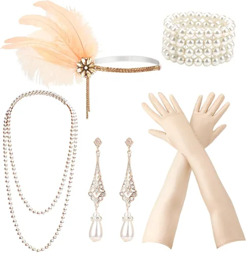 Vista 14 de DRESHOW - Juego de accesorios de El Gran Gatsby de los años 20 para mujer, diadema de flapper, tocado, guantes, disfraz, accesorios de las noches