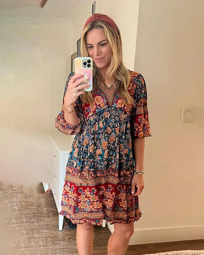Vista 4 de BTFBM Vestidos casuales de primavera y verano para mujer cuello en V manga larga 34 volantes floral bohemio babydoll corto vestido de playa