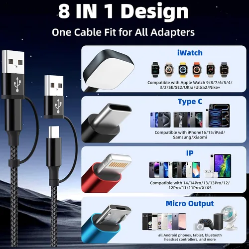 Vista 2 de Cruise Essentials Cable de Carga 4 en 2 para Cargador Apple iWatch/iPhone 17/Lightning/Micro, Cable Cord de Carga Múltiple de Viaje Compatible