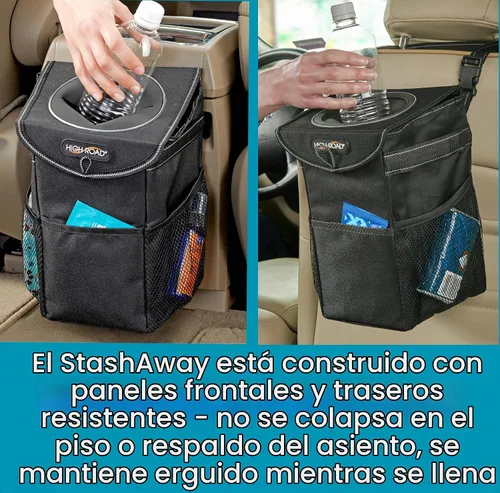 Vista 3 de High Road StashAway - Bote de basura resistente de servicio pesado para automóvil con tapa de goma, 3 bolsillos de almacenamiento y paneles Negro