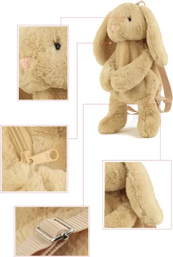 Vista 2 de Kmiunty Linda mochila de peluche con diseño de conejo, con correas ajustables para niñas, Caqui, Viajar