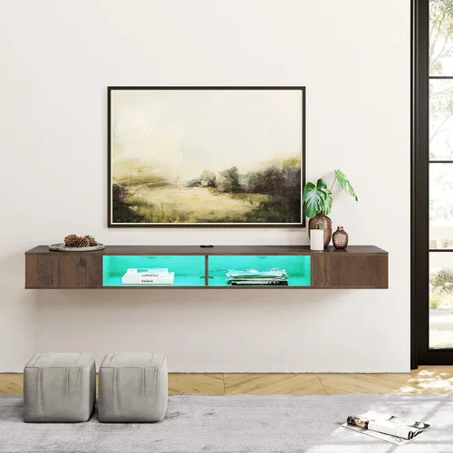 Vista 9 de WAMPAT Centro de entretenimiento flotante para TV de 80 pulgadas, soporte de TV montado en la pared con luz LED, estante de TV flotante debajo