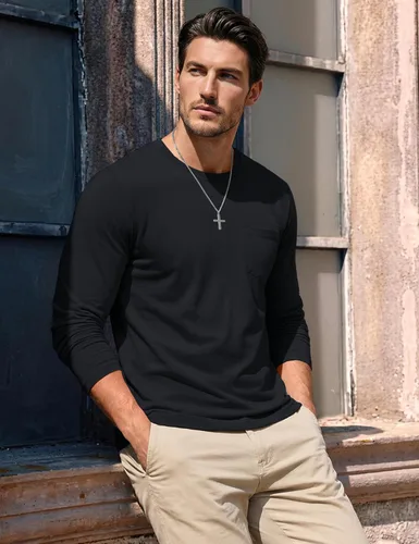 Vista 2 de MAGCOMSEN Camisa de manga larga para hombre con bolsillo, de algodón, cuello redondo, casual, ligera