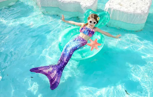 Vista 2 de DNFUN Colas de sirena para nadar para niñas, traje de baño de sirena con monoaleta