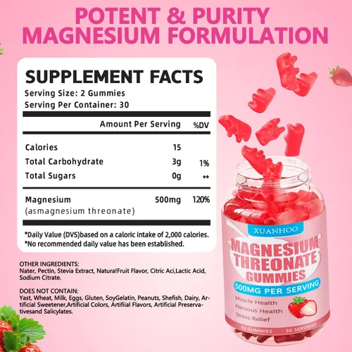 Vista 2 de Gomitas de treonato de magnesio, suplemento de magnesio, sabor a fresa, 60gomitas, 250 mg de magnesio por gomita, salud muscular y nerviosa, alivio