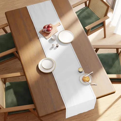 Vista 3 de Encasa XO Camino de mesa de comedor de 13 x 59 pulgadas, diseño de dobladillo de algodón puro, blanco, lavable a máquina