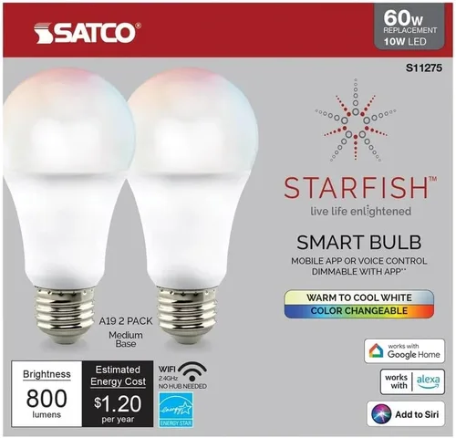 Vista 3 de Satco S11275 Starfish A19 Bombilla LED inteligente LED que cambia de color, funciona con Siri, Alexa, Google Assistant, SmartThings, 2700K-5000K