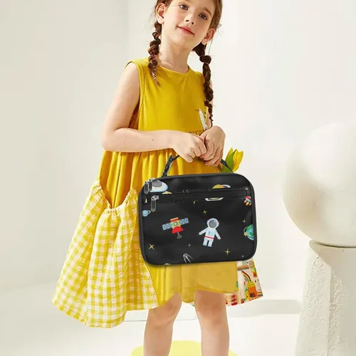 Vista 7 de Lonchera para niños y niñas, bolsa de almuerzo aislada y duradera, lonchera para niños con astronauta para la escuela