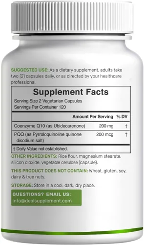 Vista 6 de DEAL SUPPLEMENT CoQ10 200mg con PQQ 200mcg, 240 cápsulas vegetales Complejo de coenzima Q10 biodisponible Apoya la salud del corazón, la energía