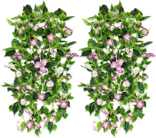 Vista 11 de AirSun Vid de flores artificiales de gloria matutina, 2 plantas colgantes de 15 pies, guirnalda de seda falsa de plantas verdes falsas