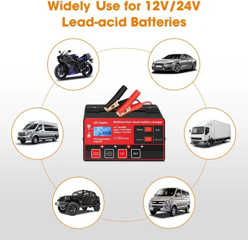 Vista 12 de Outerman - Cargador de batería de automóvil, 12 V, 24 V, de plomo-ácido, pantalla LCD, mantenimiento automático de batería inteligente