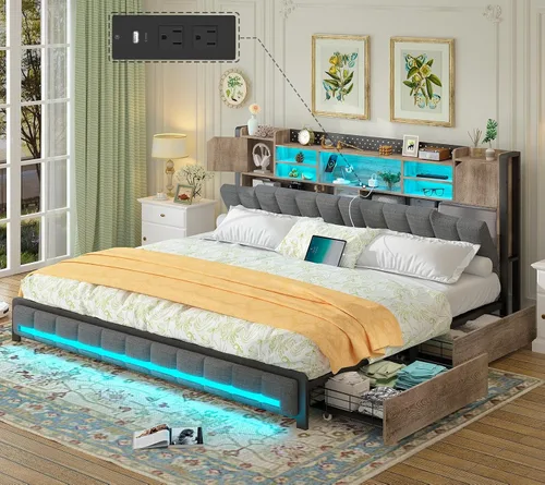 Vista 10 de CSZZD Base de cama Queen con 4 cajones de almacenamiento y cabecera de estantería, marco de cama LED tapizado Queen con estación de carga tipo C