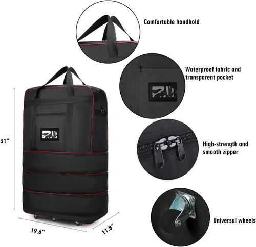 Vista 2 de ELDA Maleta plegable expandible con ruedas universales, bolsa de viaje rodante, bolsa de lona para hombres y mujeres, equipaje ligero de gran