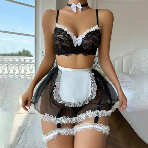 Vista 7 de Lencería sexy para mujer, juego de rol, traje de sirvienta, vestido de lencería de encaje, delantal de peluche Lolita, conjunto de traje de cosplay