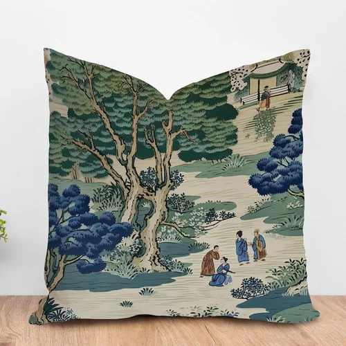 Vista 105 de ArogGeld Funda de cojín con flores verdes y blancas con flores grises y negras y hojas verdes en estilo chinoiserie, funda de almohada cuadrada