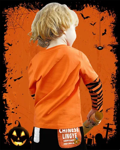 Vista 4 de CM-Kid Camisa de Halloween para niños pequeños y niñas, diseño de calabaza, esqueleto, fantasma, dinosaurio, rayas, camisetas de manga larga