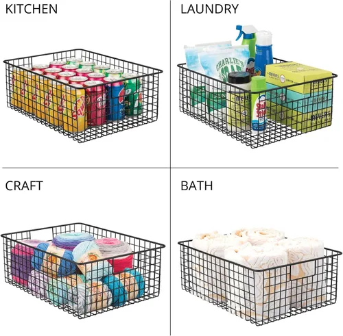 Vista 6 de mDesign Cesta organizadora de almacenamiento de alimentos de alambre de metal con asas para organizar armarios de cocina, estante de despensa, baño
