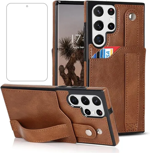 Vista 9 de Funda para teléfono Samsung Galaxy S22 Ultra 5G con protector de pantalla, correa de muñeca ajustable, atril, ranura para tarjetas de crédito Negro