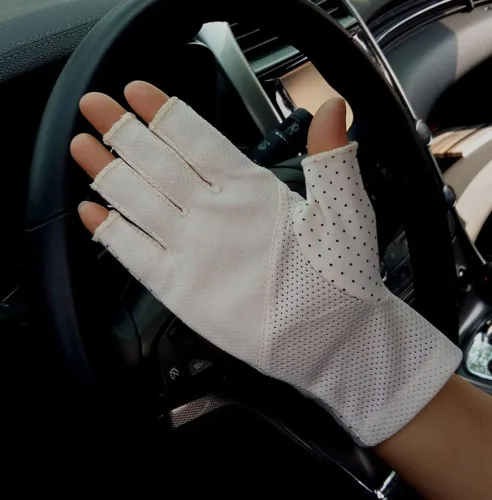 Vista 2 de Guantes de protección solar para mujer, sin dedos, guantes de conducción de algodón ligero UV
