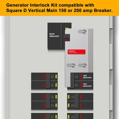 Vista 2 de Kit de bloqueo de generador compatible con interruptor principal vertical cuadrado D de 150 o 200 amperios, espaciado de 3 1/4 a 4 pulgadas entre