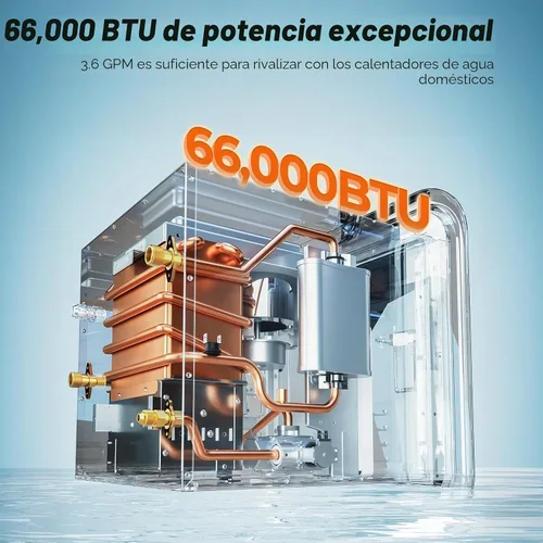 Vista 2 de Calentador de agua FOGATTI RV sin tanque, 66,000 BTU máximos, calentador de agua caliente para RV, tanque de mezcla incorporado, puerta negra