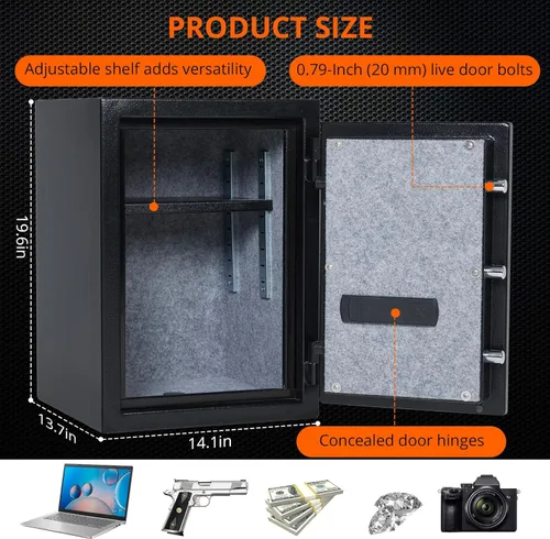 Vista 4 de Caja de seguridad ignífuga e impermeable, caja de seguridad extra grande de 2 pies cúbicos, caja fuerte para el hogar con teclado programable