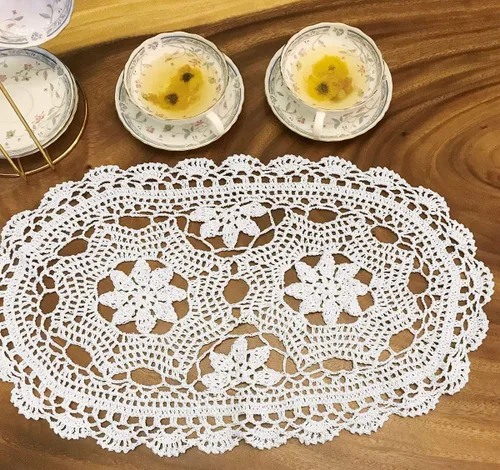 Vista 10 de Pasillos de ganchillo hechos a mano beige de algodón, tapetes de encaje ovalados para dormitorios, 12 x 20 pulgadas.