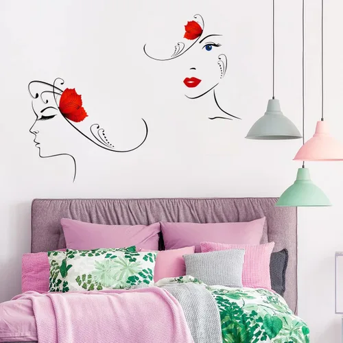 Vista 6 de 4 calcomanías de pared con contorno de cara de mujer, diseño de perfil, ojos y labios, calcomanías de pared autoadhesivas para el hogar, niñas