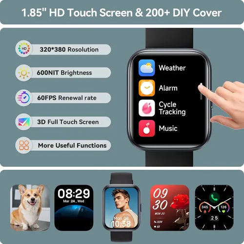 Vista 8 de Reloj inteligente para hombres y mujeres, reloj inteligente HD de 1.85 pulgadas para iPhone/Samsung/Android (respuesta/hace), rastreador de Negro
