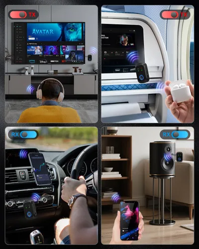 Vista 5 de Receptor transmisor Bluetooth 5.4, adaptador de audio inalámbrico 2 en 1 compatible con 2 auriculares, llamadas manos libres, 11.5H RX/10H TX