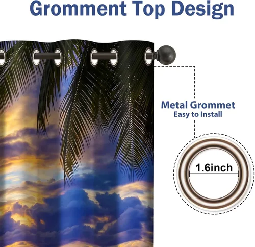 Vista 6 de Jekeno Cortinas opacas para oscurecer la habitación, con ojales, para ventana, atardecer, océano hawaiano, playa, tropical, palmera, decoración
