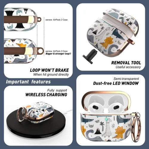 Vista 3 de wenew Funda para AirPod 3, AirPods de 3ª generación, para mujer, LED, visible, resistente, soporte de carga inalámbrica (Dino)
