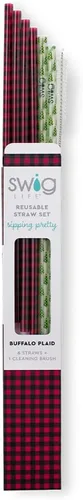 Vista 2 de Swig Life Popotes Reutilizables Estampados Buffalo Plaid + Árboles Juego de popotes reutilizables + cepillo de limpieza, cada popote mide 10.25