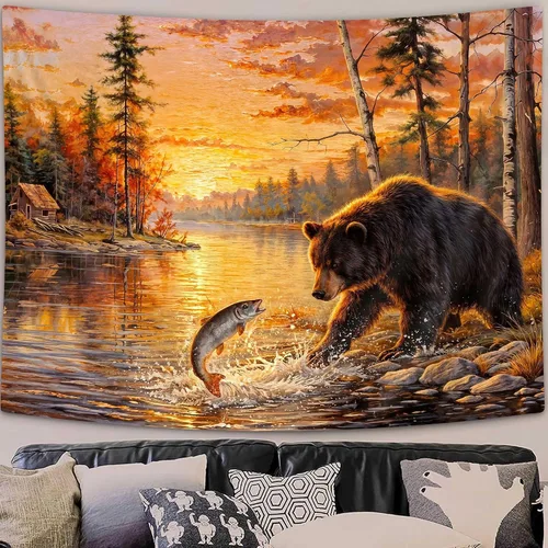 Vista 7 de DYNH Tapiz de pesca de oso negro, para colgar en la pared de cabaña de lago y puesta de sol, paisaje, naturaleza, bosque, tapiz para dormitorio