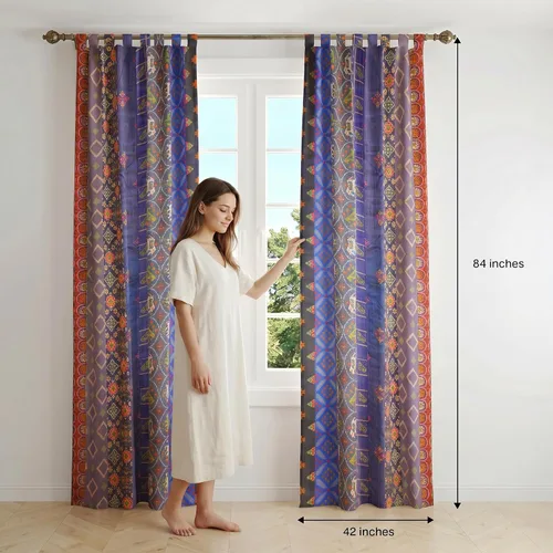 Vista 5 de THE ART BOX Cortinas sari de seda azul – Paneles de ventana de retazos bohemios, cortinas de mezcla de seda reciclada india para sala de estar