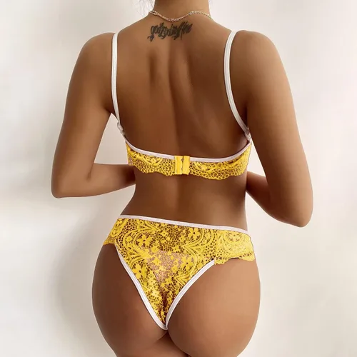 Vista 3 de RTRDE Conjunto de pijama de encaje sexy sin cordón con lazo, brasier y tanga