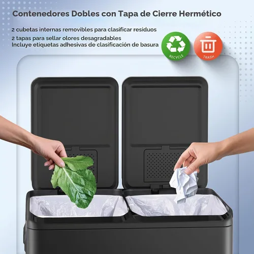 Vista 5 de WLIVE Bote de basura doble de acero inoxidable de 2 x 8 galones, cubo de basura doble para cocina con tapa de cierre suave, combo de basura