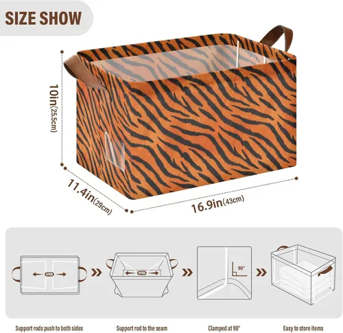 Vista 3 de Tigers Fur Pattern Black Orange Storage Organizer Bins and Basket Foldable Storage Cubes with Handles Organizing Clothes Blankets for Makeup Books