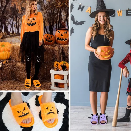 Vista 6 de Lopbraa Pantuflas de calabaza de Halloween mullidas de demonio, pantuflas de murciélago de felpa suave para interiores y exteriores, para mujeres
