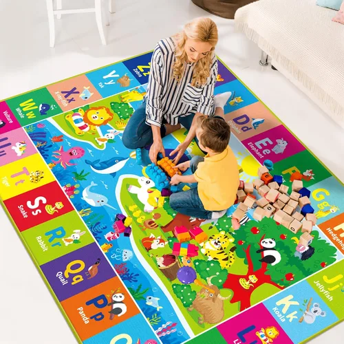 Vista 4 de Alfombra infantil de 5 x 7 pies para sala de juegos, alfombra de juegos con ABC y animales, alfombra antideslizante súper suave para suelo, tapete