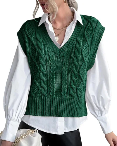 Vista 12 de Chaleco de suéter para mujer Lueluye V cuello sin mangas de punto sólido casual acanalado estilo preppy Beige